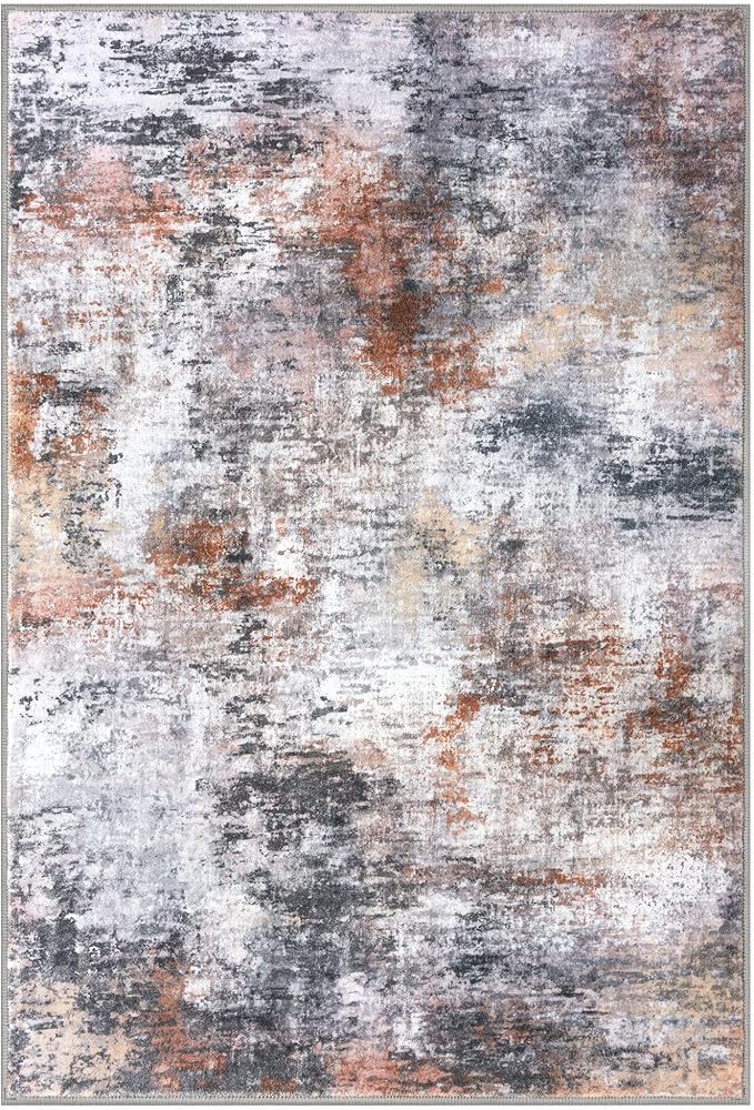 Modern Abstract Entryway Rug Indoor 2x3 Washable Non-Slip Soft Grey Orange Colorful Small Area Rug Kitchen Mat Thin Print Faux Wool Floor Carpet for Entrance Bedroom Office