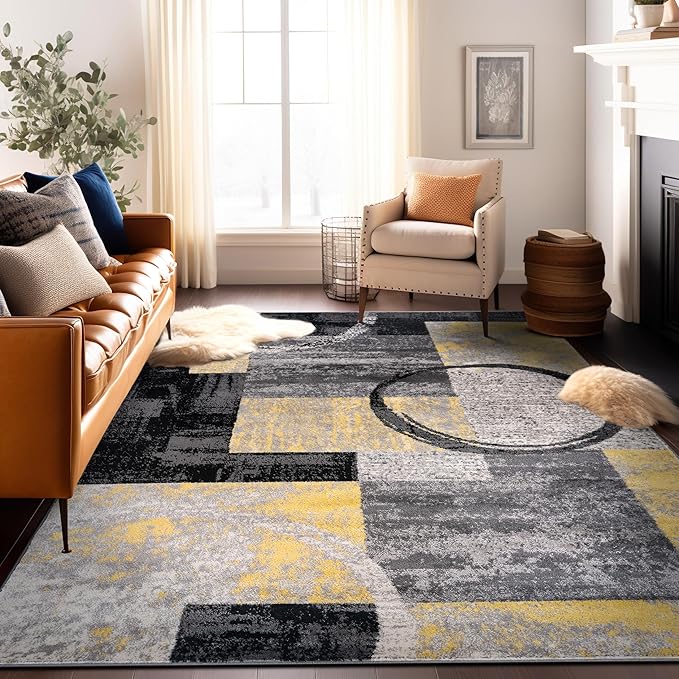 Rugshop Contemporary Circle Design Area Rug, Non-Shedding Carpet for Living Room, Large Bedroom, or Office, Yellow, 8'8" x 12'