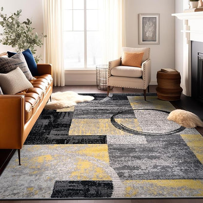 Rugshop Contemporary Circle Design Area Rug, Fade-Resistant Carpet for Bedroom, Dining Room, or Home Office, Yellow, 6'6" x 9'