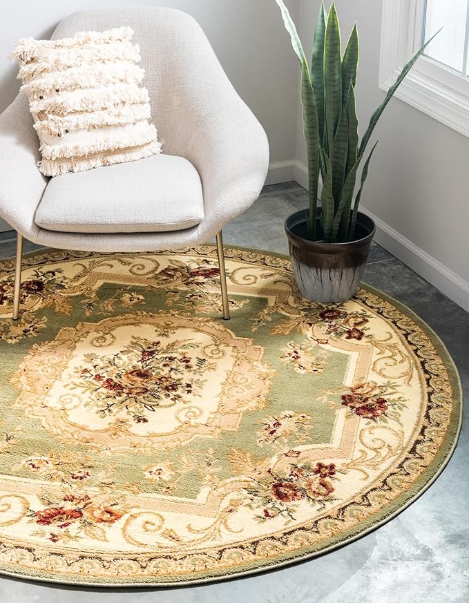Rugs.com Chateau Collection Rug – 13' Round Green Medium Rug Perfect for Kitchens, Dining Rooms