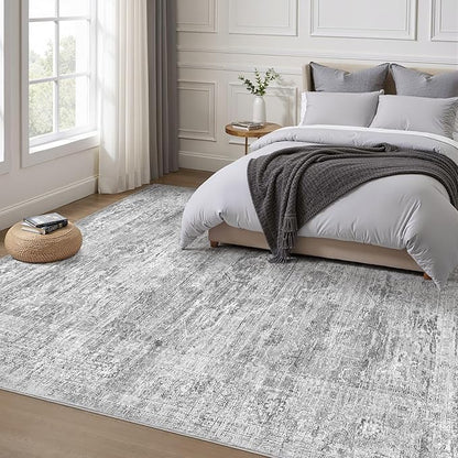 Grey Rug 8x10 Area Rugs: Washable Boho Large Vintage Neutral Soft Rug Stain Resistant Farmhouse Non-Slip Indoor Floor Carpet for Living Room Bedroom Playroom Office Dining Room Apartment Dorm