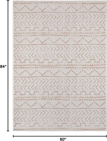 Beverly Rug Waikiki Indoor Outdoor Rug 5x7, Washable Outside Carpet for Patio, Deck, Porch, Trellis Area Rug, Water Resistant, Beige - White