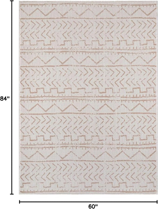 Beverly Rug Waikiki Indoor Outdoor Rug 5x7, Washable Outside Carpet for Patio, Deck, Porch, Trellis Area Rug, Water Resistant, Beige - White