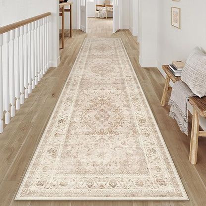 2x10 Beige Washable Vintage Area Rug for Living Room Bedroom Soft Tranditional Non Slip Runner Rug Lightweight Floral Low Pile Distressed Carpet Hallway Kitchen Bathroom Bedroom
