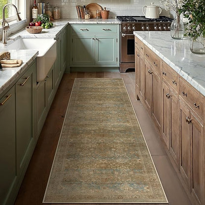 Vintage Runner Rug 2x8 Washable Hallway Carpet Non Slip Long Brown Bedroom Low Pile Kitchen Distressed Retro Accent Throw Rug for Bathroom Dining Laundry Living Room