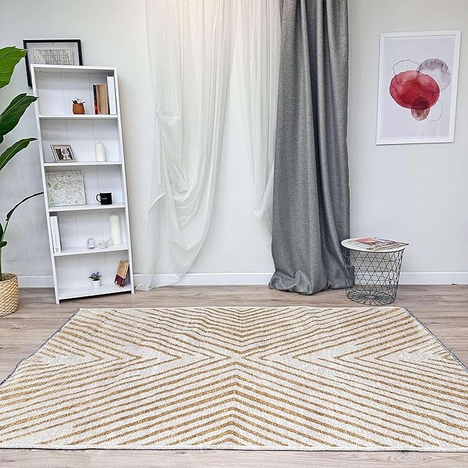 Alfa Rich 3x5 Geometric Gold Off White Washable Area Rugs for Living Room Bedroom Cotton Runner