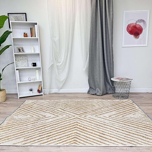 Alfa Rich 5x8 Geometric Gold Off White Washable Area Rugs for Living Room Bedroom Kitchen Cotton Rug