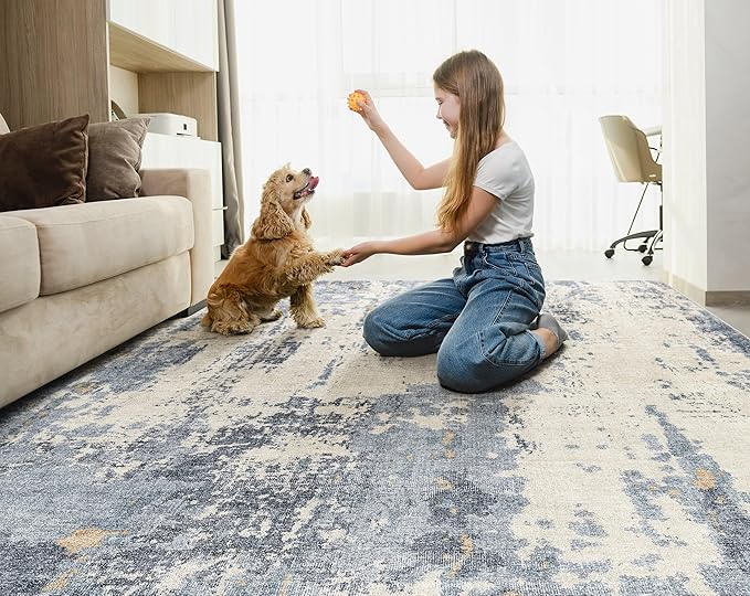 5x8 Area Rug Living Room Rugs - Washable Neutral Modern Abstract Soft Thin Rug Indoor Floor No Slip Rug Carpet for Bedroom Under Dining Table Home Office Decor - Blue/Light Brown