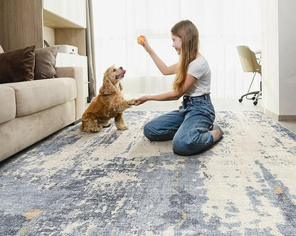 5x7 Area Rug Living Room Rugs - Washable Neutral Modern Abstract Soft Thin Rug Indoor Floor No Slip Rug Carpet for Bedroom Under Dining Table Home Office Decor - Blue/Light Brown