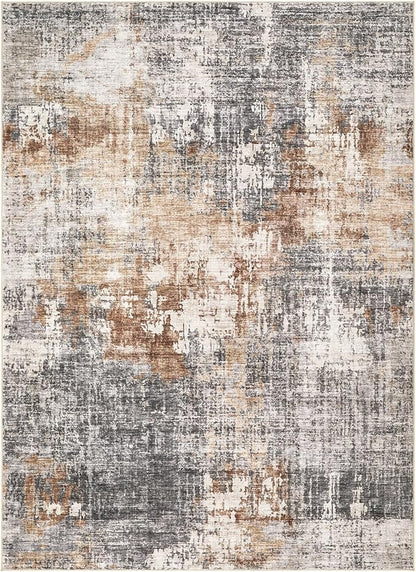 Area Rug Living Room Rugs - 7x9 Washable Large Soft Indoor Neutral Modern Abstract Low Pile Rug Carpet for Bedroom Dining Room Farmhouse Home Office - Grey Brown