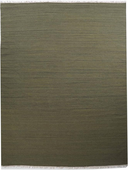 Rugsotic Carpets Hand Woven Flat Weave Kilim Wool ECO-Friendly Area Rugs - 10'x13', Rectangle Shape, Olive Color, Solid Plain Design, Low Pile Handmade Area Rugs for Living Room, Bed Room (D00111)