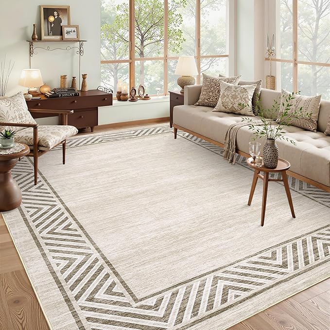 GarveeHome Modern Rugs for Living Room 8x10 Large Bordered Floor Mats with Non-Slip Backing, Stain-Resistant Bedroom Carpet, Foldable Geometric Indoor Rug for Dining Room, Kitchen, Beige