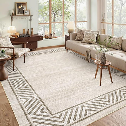 GarveeHome Modern Rugs for Living Room 8x10 Large Bordered Floor Mats with Non-Slip Backing, Stain-Resistant Bedroom Carpet, Foldable Geometric Indoor Rug for Dining Room, Kitchen, Beige