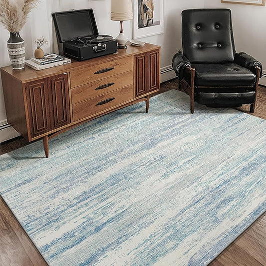 MUJOO Washable Rug 4x6.5,Small Area Rugs for Bedroom Living Room Office Playroom,Modern Abstract Non Slip Carpet,Indoor Throw Carpet,Low Pile Accent Neutral Blue