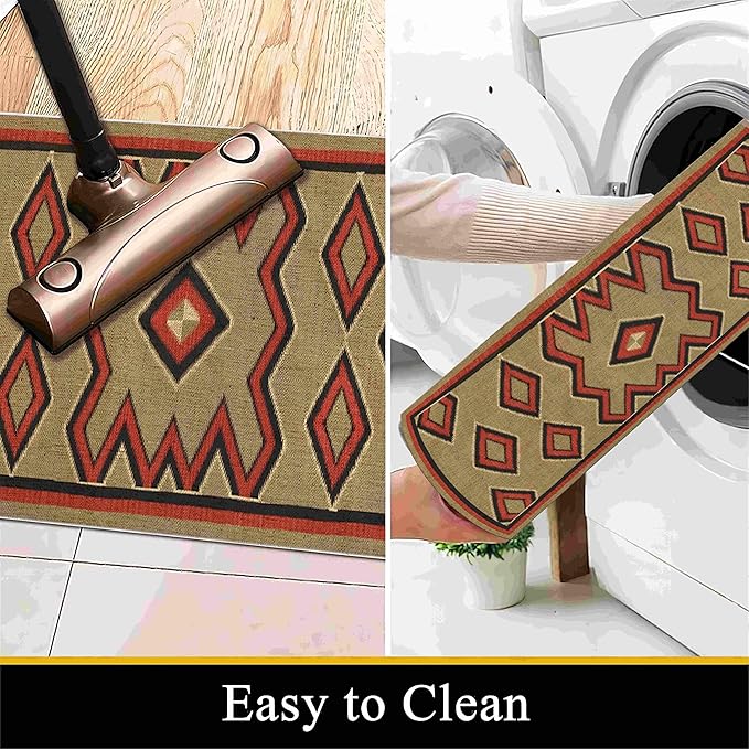 Brown Base Red Black Diamond Runner Rug, 4x12ft Zigzag Pattern Hallway Runner Rug, Corridor & Foyer High-Traffic Area Rugs, Durable Flannel Carpet Non-Slip Mat, Southwestern Home Decor