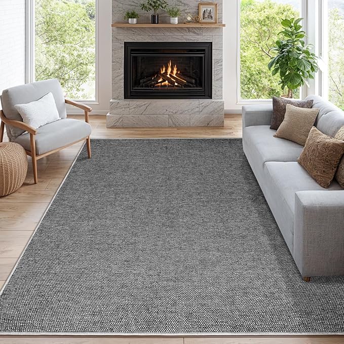 LBRO2M Easy Jute Solid Area Rug 8X10 Washable Rugs for Living Room Bedroom Natural Jute Indoor Outdoor Carpet Durable, Solid Non Shedding Eco Friendly (8X10 Black Gray)