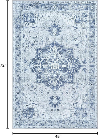 Bloom Rugs Washable Non-Slip 4' x 6' Rug - Gray/Blue Traditional Medallion Area Rug for Living Room, Bedroom, Dining Room, and Kitchen - Exact Size: 4' x 6'