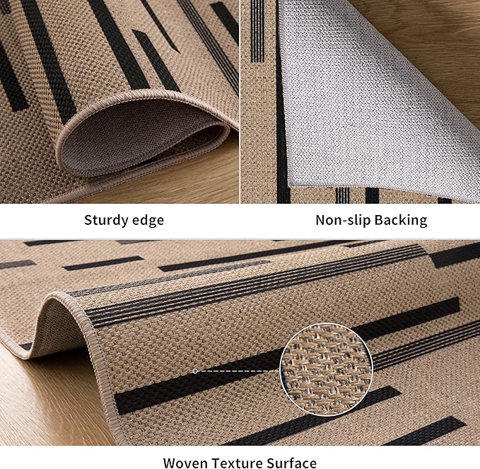 Tangsoo Washable Stripe Easy Jute Rug 4x6 for Paito,Non-Slip Indoor Outdoor Thin Carpet,Farmhouse Black Throw Mat for Front Porch Dining Room Bedroom Backyard Foyer