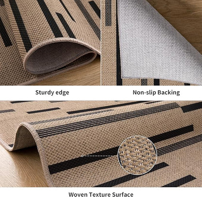 Tangsoo Washable Stripe Easy Jute Rug 4x6 for Paito,Non-Slip Indoor Outdoor Thin Carpet,Farmhouse Black Throw Mat for Front Porch Dining Room Bedroom Backyard Foyer