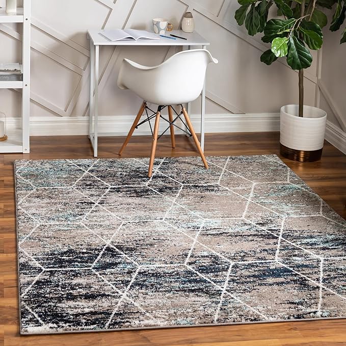 Unique Loom Trellis Frieze Collection Area Rug - Geometric (4' Square, Blue Multi/ Ivory)