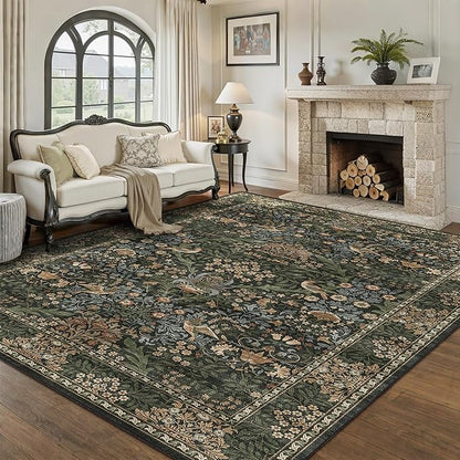 5x7 Floral Washable Area Rug for Living Room, Vintage Boho Rugs for Bedroom Dining Room, Botanical Birds Non Slip Low Pile Forest Throw Carpet for Farmhouse Office, Retro Gold/Green