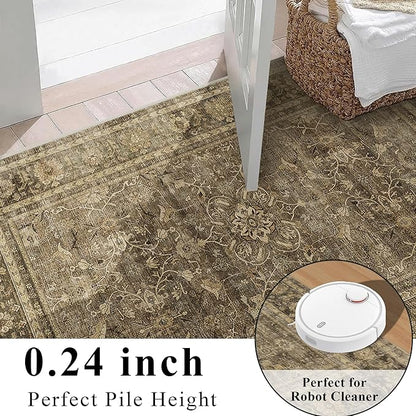 HelloTree Vintage Area Rug 4x6 Brown Entryway Office Washable Carpet Non Slip Backing Printed Distressed Rugs for Bedroom Vintage Boho Tribal Area Rugs for Bathroom Bedroom Dining Living Room-Brown
