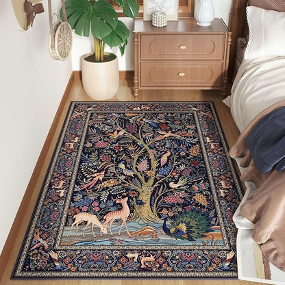 Rugcomf Area Rugs 4x6 Vibrant Tree of Life-Patterned Vintage Washable Rugs Non Slip Low Pile Small Carpet for Bedroom Bedside Kids Room Office Dining Room, Blue