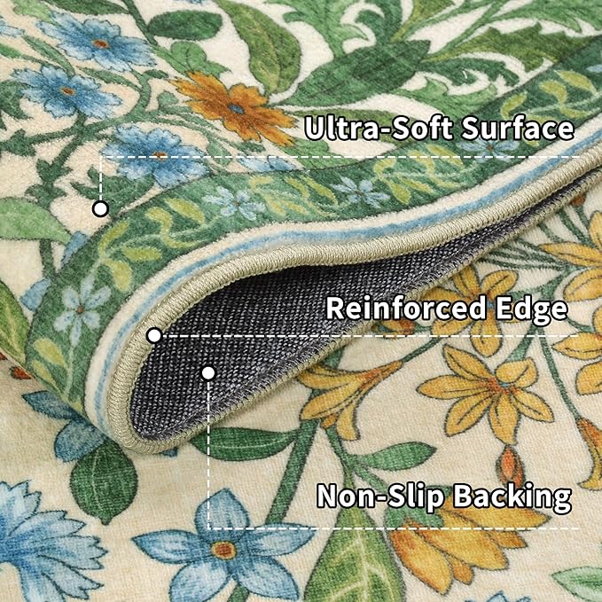 8x10 Washable Area Rug for Living Room, Large Vintage Grass Green Floral Rugs, Soft Non-Slip Stain Resistant Boho Lightweight Carpet for Bedroom Dining Room Nursery Home Office