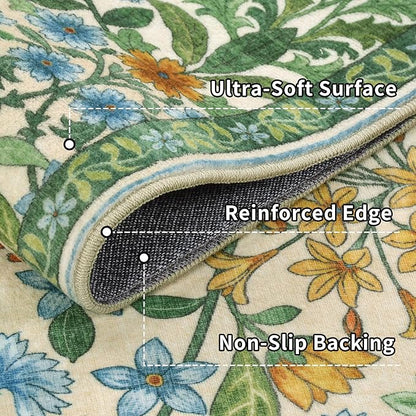 9x12 Grass Green Vintage Floral Area Rug,Washable Large Boho Living Room Rugs,Botanical Print Non-Slip Stain Resistant Lightweight Carpet for Bedroom Dining Room Nursery