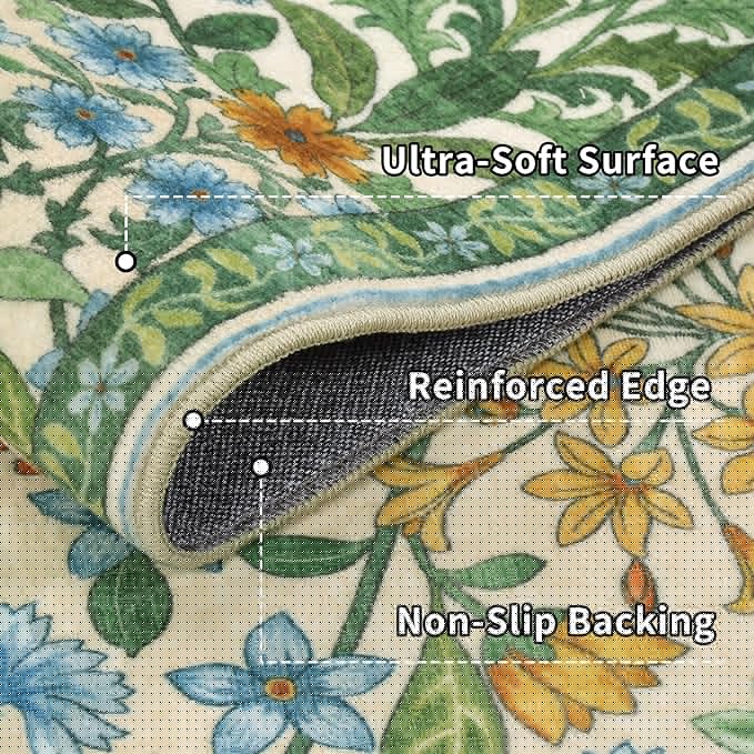 Floral Washable 6x9 Area Rug，Grass Green Boho Rugs for Living Room, Soft Low-Pile Non-Slip Stain Resistant & Non-Shedding Carpet for Bedroom, Dining Room, Office, Entryway, Nursery