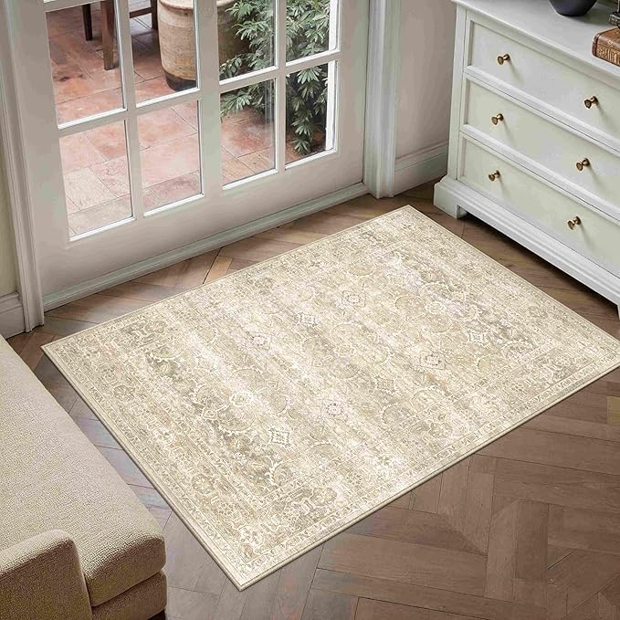 HUGEAR 2x3 Washable Area Rug Beige Vintage Neutral Small Entryway Rug Soft Non Slip Distressed Carpet Low Pile Pet Friendly for Bathroom Kitchen Hallway Porch Foyer