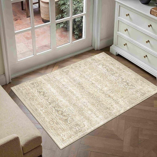 HUGEAR 2x3 Washable Area Rug Beige Vintage Neutral Small Entryway Rug Soft Non Slip Distressed Carpet Low Pile Pet Friendly for Bathroom Kitchen Hallway Porch Foyer
