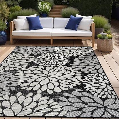 Beverly Rug Outdoor Rug 8x10 Modern Exotic Tropical Leaf Area Rugs for Indoor and Outdoor Patio Deck Porch Garden Water Resistant Washable Outside Carpet (8 x 10 Dark Gray)