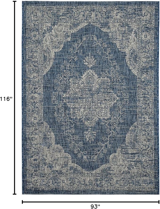 FH Home Outdoor Area Rug - Waterproof Easy to Clean Stain Resistant - Patio Indoor Outdoor Porch Deck Balcony Entryway - Vintage Distressed - Gorgan - Blue - 7ft 8in x 9ft 8in
