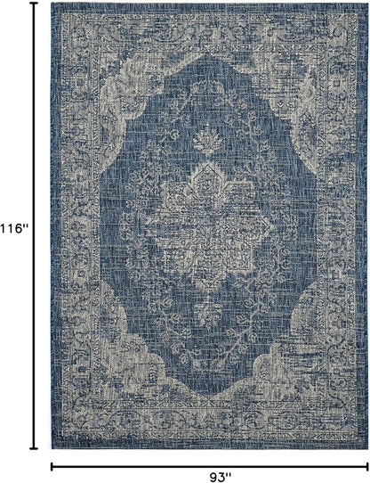 FH Home Outdoor Area Rug - Waterproof Easy to Clean Stain Resistant - Patio Indoor Outdoor Porch Deck Balcony Entryway - Vintage Distressed - Gorgan - Blue - 7ft 8in x 9ft 8in