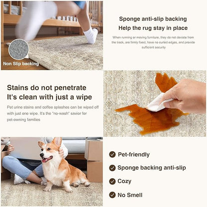 HUGEAR 2x3 Washable Area Rug Beige Vintage Neutral Small Entryway Rug Soft Non Slip Distressed Carpet Low Pile Pet Friendly for Bathroom Kitchen Hallway Porch Foyer