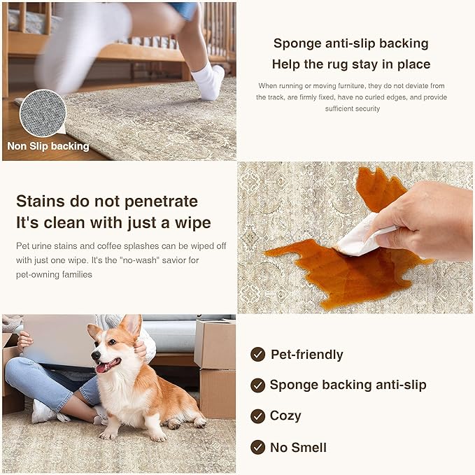 HUGEAR 2x6 Washable Area Rug Beige Runner Rug Vintage Neutral Non Slip Soft Distressed Carpet Low Pile Pet Friendly for Bathroom Kitchen Hallway Porch Foyer