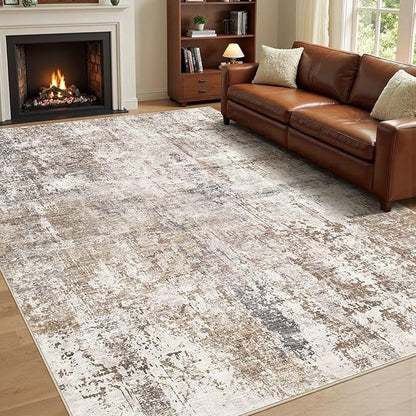 Area Rug Living Room Rugs - Washable Neutral Modern Abstract Soft Thin Rug Indoor Floor No Slip Rug Carpet for Bedroom Under Dining Table Home Office Decor - Brown/Grey/Red - 5x7