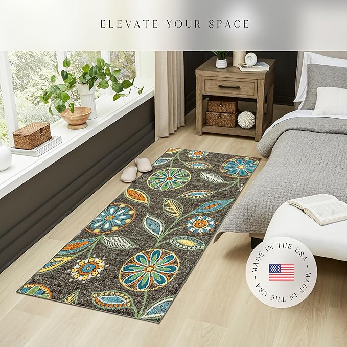 Maples Rugs Reggie Floral Runner Rug - Made in USA - Washable, Non Slip Indoor Carpet for Kitchen, Hallway, and Laundry Room, 2'6" x 6', Dark Grey