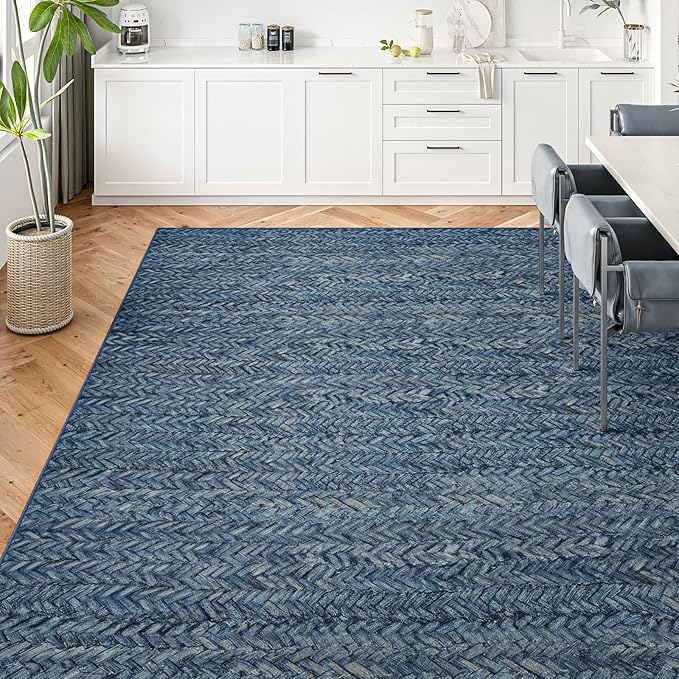 Eleisa Modern Vintage 9x12 Herringbone Chevron Area Rug, Non-Slip Stain Resistant Washable Rug, Blue Large Rug for Living Room, Farmhouse Carpet for Bedroom, Kitchen, Dining Room, Home Office