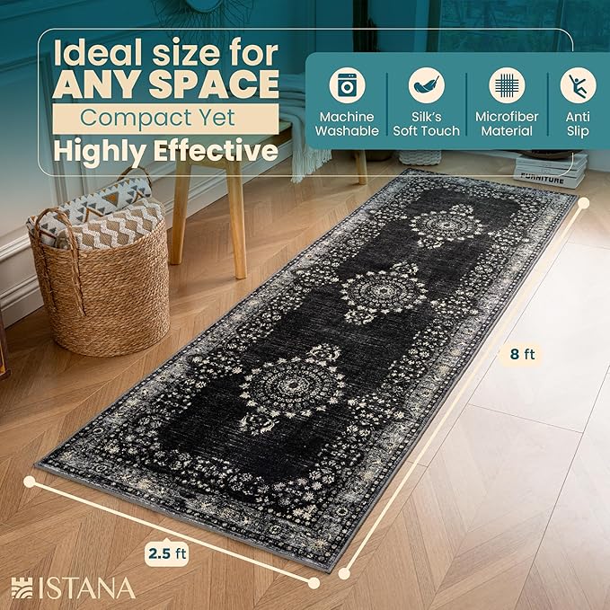 Istana Hallway Runner Rug 2.5x8 - Black Kitchen Rugs Non Slip Washable -Silk's Soft Touch Carpet Runner - Stylish Runner Rugs for Home