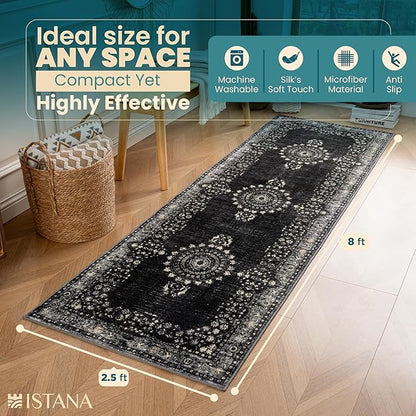 Istana Hallway Runner Rug 2.5x8 - Black Kitchen Rugs Non Slip Washable -Silk's Soft Touch Carpet Runner - Stylish Runner Rugs for Home