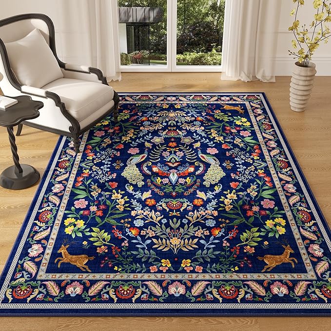 Rugcomf 3x5 Rug Washable Area Rug Floral Office Rug Non Slip Small Carpet for Bedroom, Bedside, Kitchen, Entryway, Kids Room, Office(Blue)