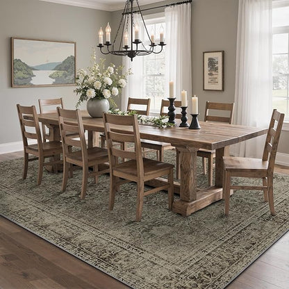 9x12 Area Rug Machine Washable Boho Rug for Living Room,Ultra-Thin Low Pile Carpet,Lightweight Indoor Printed Rug,Non Slip Floral Area Rug for Bedroom, Dining Room, Home Office,Vintage Sage Green
