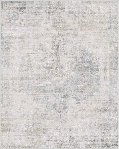Light Blue Area Rugs 8x12 for Living Room - Abstract Medallion Blue Gray Rug for Bedroom, Dining Room Under Table, Washable Non Slip, Fade & Stain Resistance