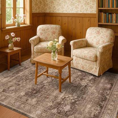 Taupe Brown 5x8 Rug for Living Room - Vintage Traditional Dark Neutral Geometric, Washable Foldable Non-Slip Area Rugs for Dining Under Table, Home Office, Guest Room