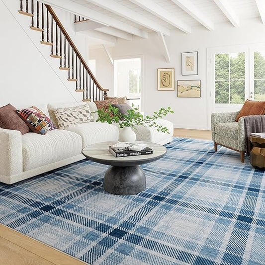 Dash & Albert Andri Plaid Blue Machine Washable Rug, 3 X 5 Feet, Blue/White Plaid Pattern