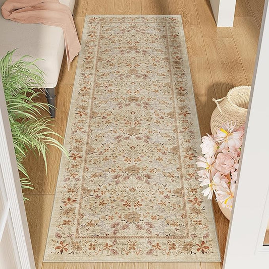 DUKINO 2x6 Runner Rug for Hallway, Washable Vintage Floral Kitchen Rug with Non Slip Backing, Soft Low Pile Throw Carpet Runner for Kitchen, Laundry, Hallway, Bathroom, Beige