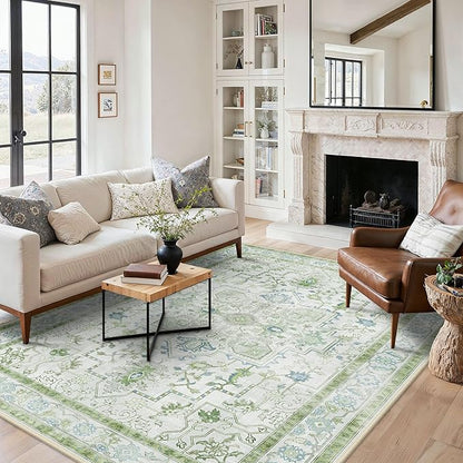 5x7 Area Rugs for Living Room, Machine Washable Rug, Non Slip Vintage Rugs, Low Pile Lightweight Print Rug for Bedroom, Dining Room, Home Office, Cream Green