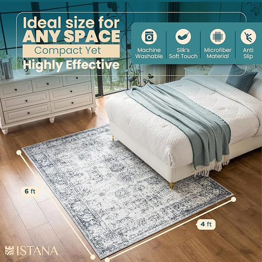 Istana 4x6 Rug - Grey & White Cream Area Rugs 4x6 - Kid & Pet Friendly Machine Washable Rugs - 4 x 6 Area Rug Non Slip & Non Shedding Area Rug - Foldable Rug for Room for Bedroom